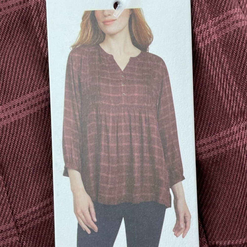Wrangler Womens Plaid Burgundy V-Neck Tunic Top S 100% Viscose NWT 4102